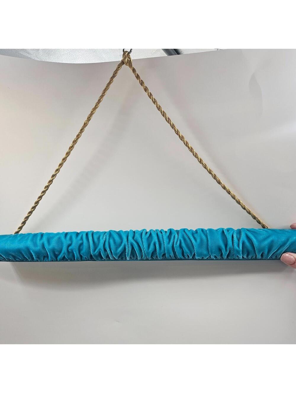 Mid-Century  Velvet Stole Hanger 22.5" Blue Teal Cover Gold Cord Hanging 1970s